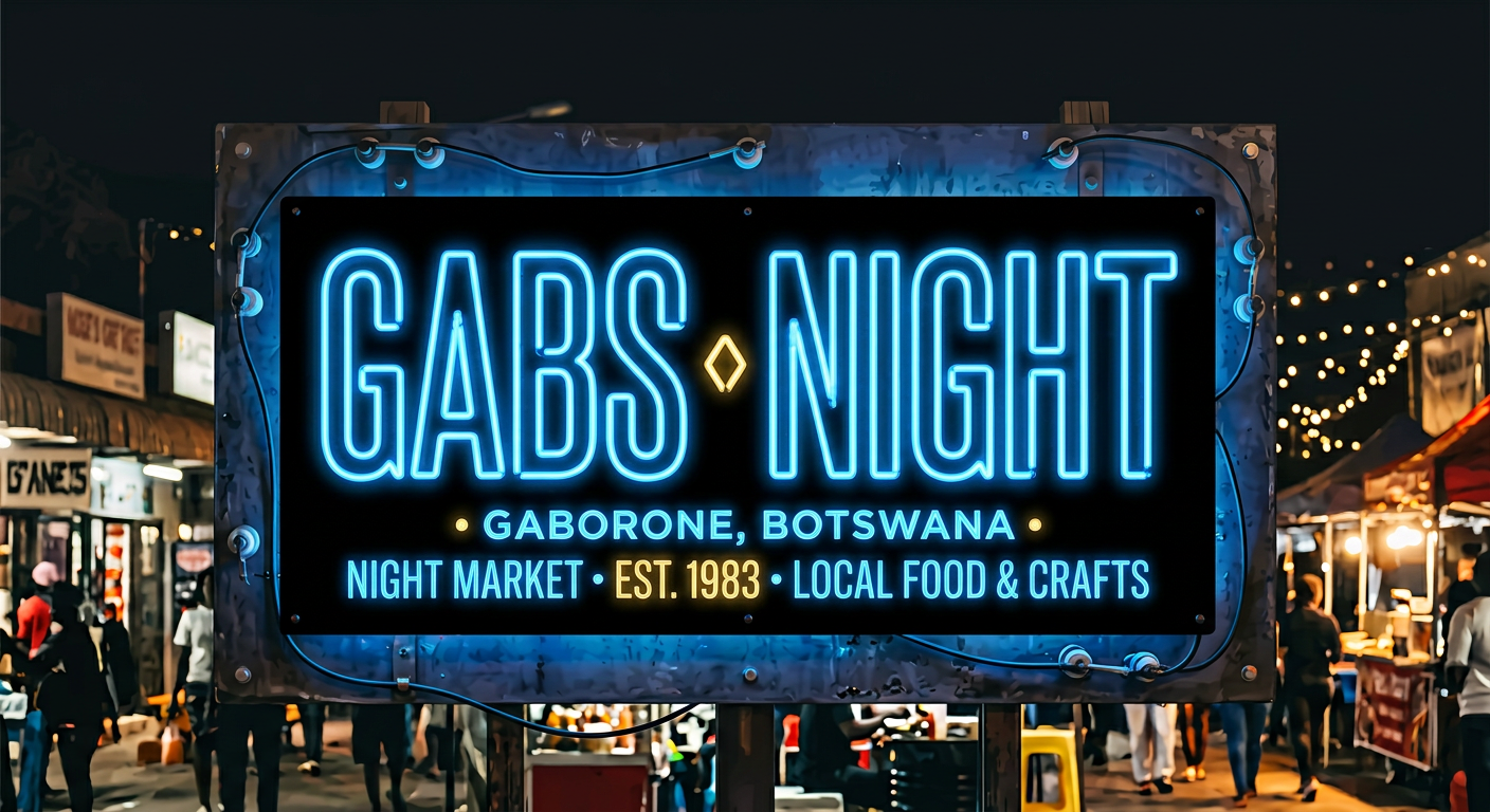 Original Gabs Night neon wordmark for Gaborone market